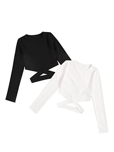 Milumia Girl's 2 Piece Casual Cut Out Crisscross Crop Tee Long Sleeve T Shirts Tops