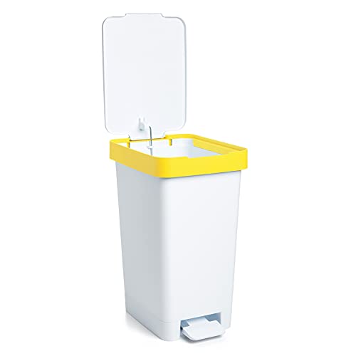 Image of TATAY Smart 25L Recycling Kitchen Bin with Pedal | Compact and Functional Design | for Indoor and Outdoor Use | Fits 30L Bags | Recycled BPA-Free Plastic | 26x36x47cm, White, Plastic & Cans