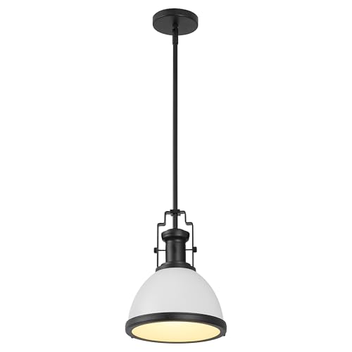 Image of JONATHAN Y Homer Industrial Dome Pendant 10 inch, White /Matte Black | 1-Light, Farmhouse Style, Adjustable Hanging Height, Glass Diffuser, Sloped Ceiling Compatible, Metal, LED Bulb Included