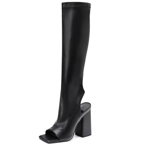 WUDPUNDR Women Chunky Heel Peep Open Toe Stretch Knee High Boots Spring Summer Zipper Dress Long Tall Boots Black Size 8