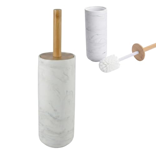 Kook Time Scopino Bagno con Porta Scopino - Spazzola WC in Poliresina Effetto Marmo Bianco e Bambù - Design Chiuso, Discreto e Antiribaltamento - Testina Sostituibile