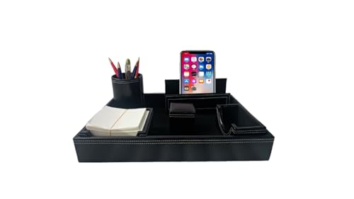 Image of LUVYANSH Genuine Leather Multipurpose Desk Organizer 6-in-1 Desktop Pen Stand With Business Card Holder Mobile Holder & Remote Stand for Office Desk Table Storage Organizer Box(BLACK) Colour