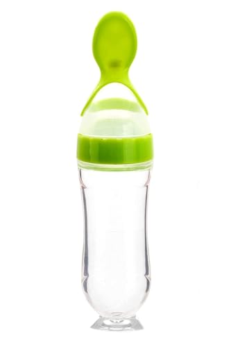 Drisona Baby Premium Steel Bottle for Milk Feeding & Green Silicone Squeezy Spoon Bottle for Food Feeder BPA Free, 304 Grade Steel Soft Silicone pacifier for Infants Newborns of 0-2 Years (Pack of-2)