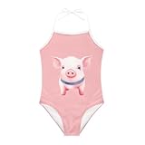 KiuLoam Pink Cute Pig Girl's Swimwear One Piece Swimsuits Sun Protection Bathing Suits for 7-8 Years Child