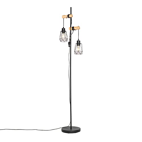 Qazqa - Country Floor lamp Black with Wood 2-Lights with Shade - Dami Frame- - Country - Suitable for LED E27 | 2 Light - Steel Floor lamp - Suitable for Living Room I Bedroom I