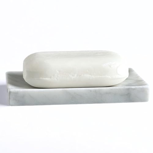 EXCHUES Natural Marble Soap Dish for Shower with Silicone Non-Slip Feet, Stone Drying Tray, Bar Soap Saver, Holder Container for Bathroom Decor Accessories(Carrara White, Rectangular)