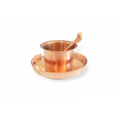 IKM Copper Pooja Panchpatra Achamani Set, 3 Pieces, Includes Small Glass, Plate, and Serving Spoon