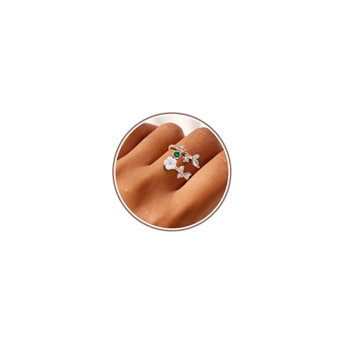 Gold Birthstone Rings for Women Non Tarnish Fashion Stackable Dainty 14KGold PlatedSilver/Rose Adjustable Emerald Green Ring Cubic Zirconia Gemstone Cute Pearl Shell Flower Promise Ring Engagement Birthday Gifts