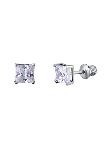 Earrings For Girls, Princess Cut Cubic Zirconia Hypoallergenic Earrings for Girls, Stud Screw On Safety Backs, Stainless Steel Ultra Sensitive Ears Post For Kids, Toddlers, Little Girls