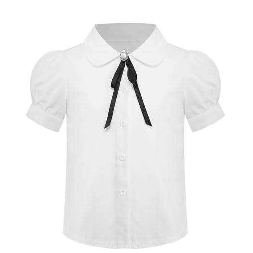 Girls Button Down Shirts Puff Sleeve Bowknot White Blouse for Kids School Uniform Shirt Summer Casual Tops