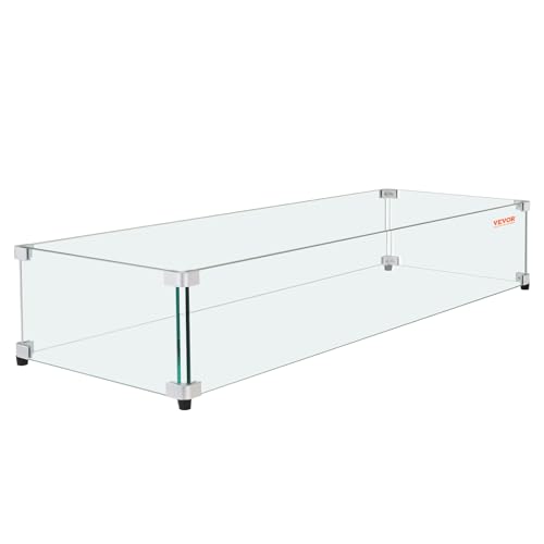 Image of VEVOR Glass Wind Guard for Rectangular Fire Pit Table 31 x 12.5 x 6.5 Inch, 0.31 inch Thick and Sturdy Tempered Glass Panel with Hard Aluminum Corner Bracket & Rubber Feet, Easy to Assemble