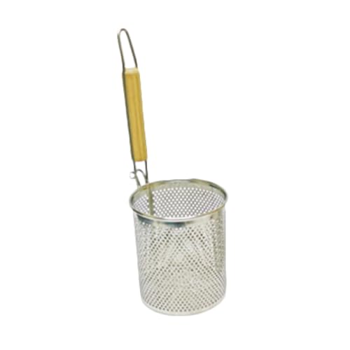SLNS536 Noodle Skimmer, 5-3/8" x 6", mesh Wire, Round, deep Pocket with Flat Bottom, Built in Hook Hanger, Wood Handle, Stainless Steel
