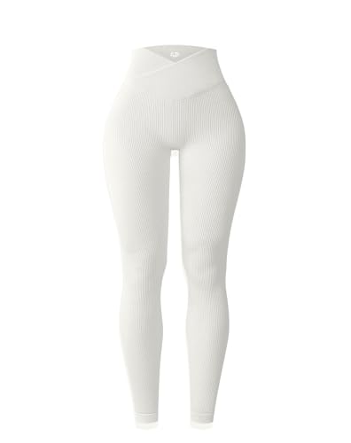 YOAKUKA Yoga Ribbed Leggings for Women High Waisted Tummy Control Seamless Butt Lifting Crossover Workout Gym Athletic Pants Beige