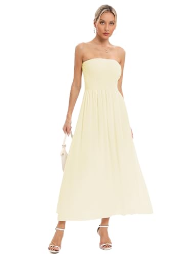 Image of Aigeman Women Strapless Tube Maxi Dress Flowy Swing Long Beach Sundress Sleeveless Boho Summer Dress with Pokets 330