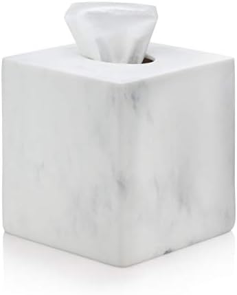 Essentra Home White Marble Square Tissue Box Cover - Blanc Collection