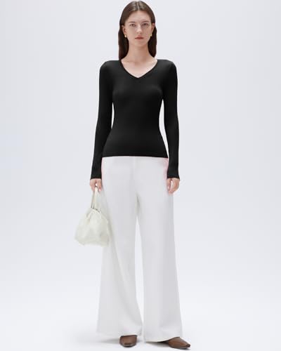 SUUKSESS Cloud Cashmere Women V Neck Fitted Long Sleeve Shirt Basic Soft Knit Tops3