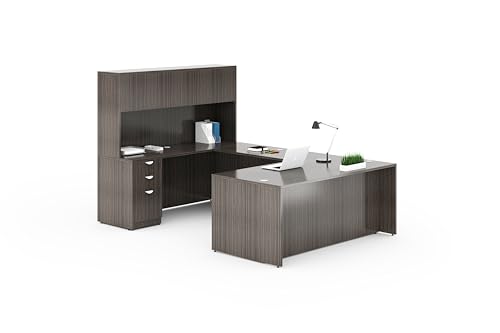 Boss Office Products 71 Inch Executive U-Shape Desk with File Storage Pedestal and 4 Door Hutch, Driftwood