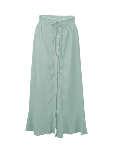 Image of Minclouse Women's Elastic Tie Waist Button Down Maxi Skirts Casual Loose Flowy Swing Slit Front Dress