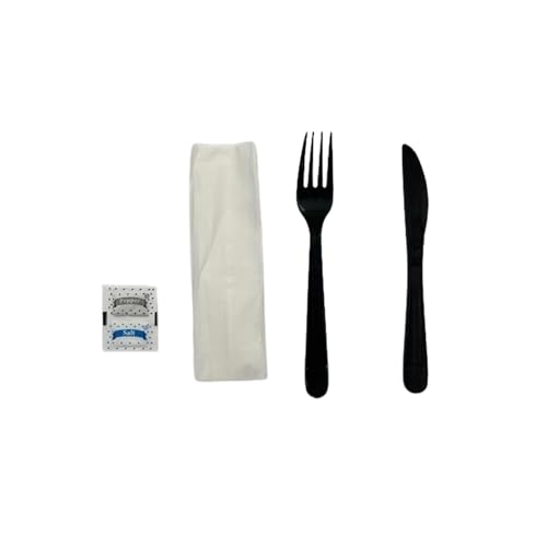 DHG PROFESSIONAL 5-in-1 Disposable Set – Black Plastic Heavy Duty Cutlery Kit with Fork, Knife, 13 x 17 inch Napkin, Salt & Pepper Packets | 100 Pieces Disposable Cutlery Set