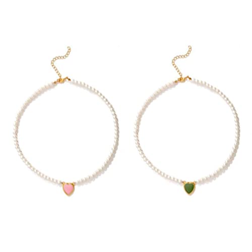 Pink Green Heart Beaded Necklace Baroque Pearl Heart Pendant Necklace 2-Pack Jewelry Gifts For Women Girls #TOP8