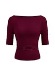 PRETTYGARDEN Womens Boat Neck Basic Short Sleeve Tops,Wine Red,M