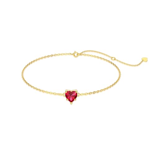 14k Gold Love Heart Gemstone Bracelet for Women,7MM Heart-cut Created Birthstone Anniversary Birthday Mother's Day Bracelets Jewelry for Mom Her 6.5''+2''