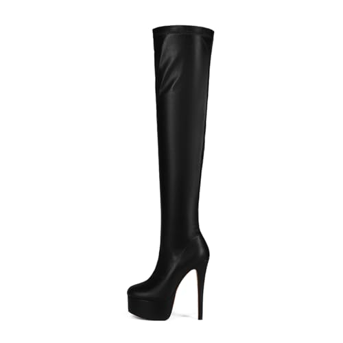 Bapolee Fashion Women's Over Knee High Stiletto Platform Heel Boots Night Sexy Black Leather Thigh High Boots