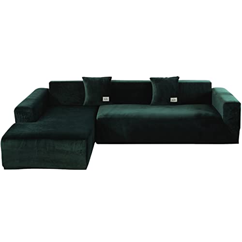 L Shape Sofa Cover 3 Seater - Soft Velvet L Shape Sofa Slipcovers 3 Seater + 3 Seater Couch Covers Furniture Protectors with 4 Cushion Covers for L Shaped Sectional Sofa (Dark Green, 3 + 3 Seater)