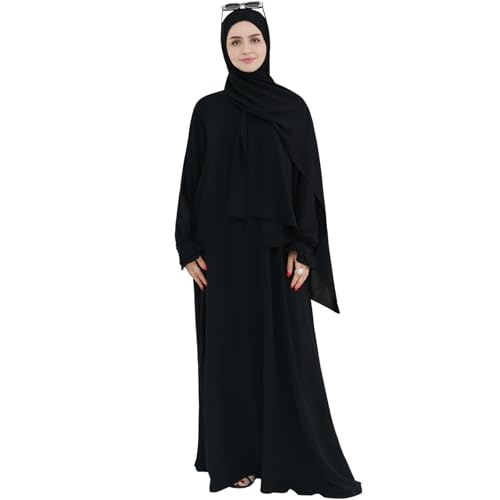 Women Muslim Dress Middle East Arabian Robe Islamic Modest Dress with Hijab Scarf Lace Sleeve Flowy Abaya Dress