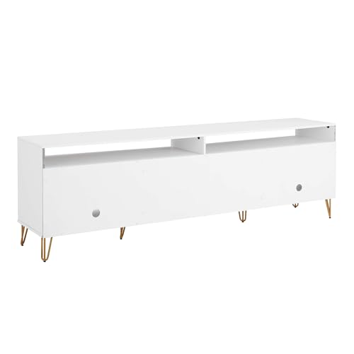 Manhattan Comfort Dumbo Mid Century Modern TV Stand for Televisions up to 80 Inches, Home Entertainment Center with Storage, 6 Shelves, 2 Drawers, No Tool Assembly, 85" Wide, White