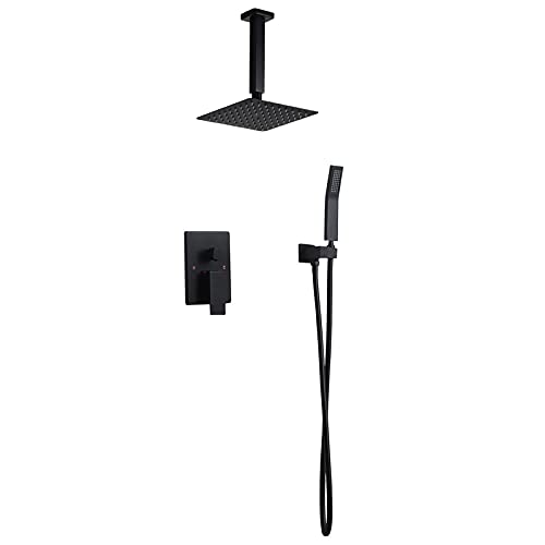 Système de douche encastré noir avec ciel de pluie carré 25cm et mitigeur complet pour salle de bain