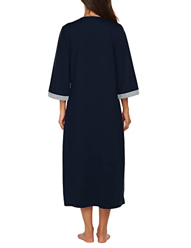 Image of Ekouaer Women Zipper Robe 3 /4 Sleeves Loungewear Dress Full Length Sleepwear Pockets Housecoat Nightgown Long Bathrobe