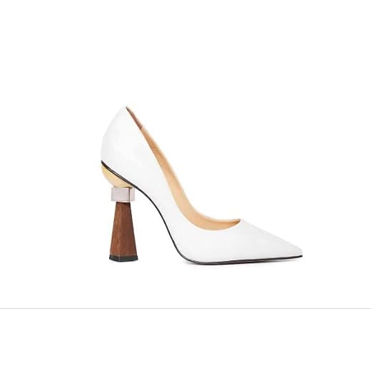 Doreen SELLY Winnie Masterpiece Classic Pointed-Toe Pump with a Geometric Sculptural Wooden Stacked Heel with a Sleek Upper Cut Design High Heel Pumps. White