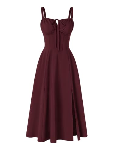 Women 2026 Corset Dress Milkmaid Slit Midi Sundress Burgundy XL