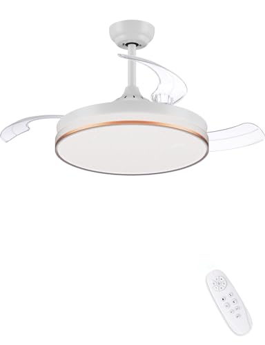 CJOY Deckenventilator mit Einziehbaren, 107cm Deckenventilator mit Beleuchtung, Deckenventilator mit versenkbar mit licht Dimmbarer, DC Umkehrbar Leise 3 Lüfterflügel Weiß