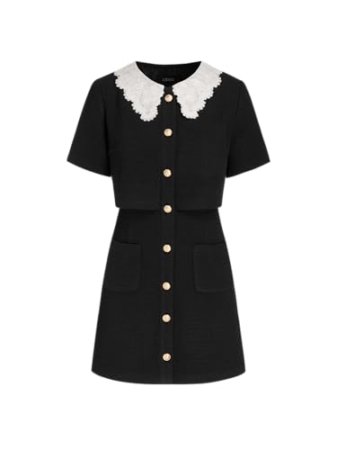 CIDER Dresses for Women Tweed Mini Dress Collar Neck Short Sleeve Button Down Elegant Party Dress