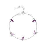 Ayoiow Pulsera de amatista de mariposa para mujer con amatista de 0,8 quilates, pulsera de hermana mayor para ella, oro blanco de 18 quilates | Tamaño 19 + 3 cm