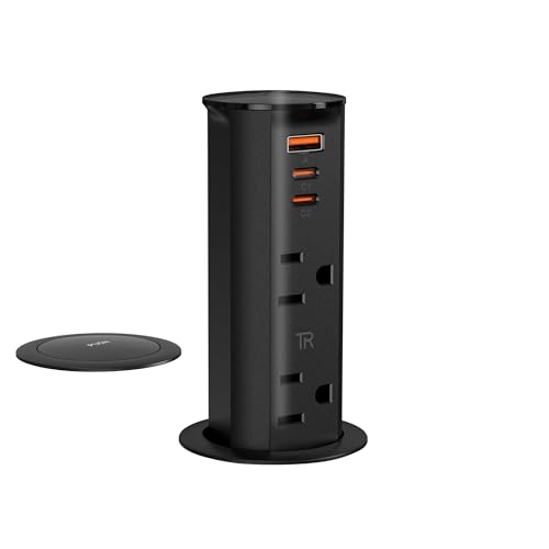 Image of ANNQUAN 2 inch Space Saver Pop Up Outlet for Countertop with PD20W USB Ports,2 Outlets Tamper Resistant,Splashproof Pop Up Socket,Desk Power Grommet for Home Office Kitchen Black (ETL Listed)