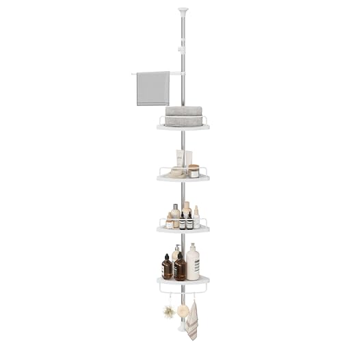 SONGMICS Adjustable Bathroom Corner Shelf Telescopic Shower Caddy 95-300 cm Floor to Ceiling with Stainless Steel Frame 4 Trays 3 Hooks 1 Towel Bar White and Silver BCB02SW