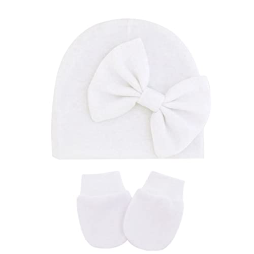 Newborn Baby Girl Hats Mittens Sets Infant Caps Bow Beanie Hat No Scratch Mittens for 0-6 Months