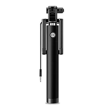Wired Selfie Stick Stand with Built-in Shutter Button | Plug & Play 3.5mm Cable Selfie Stick | Extendable Monopod with Adjustable Mobile Holder for All Smartphones (Black)