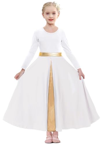 ELLYDOOR Girls Long Sleeve Praise Dance Dress Swing Skirt Liturgical Worship Costume Church Robe Dancewear Tag 130, White