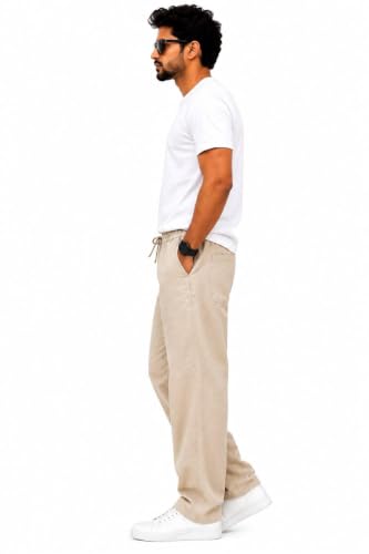 Image of MCSTAN Men's Linen Blend Cotton Pants Casual Relaxed Fit Lightweight Summer Trousers with Elastic Waist Drawstring and Pockets Beach Vacation Holidays