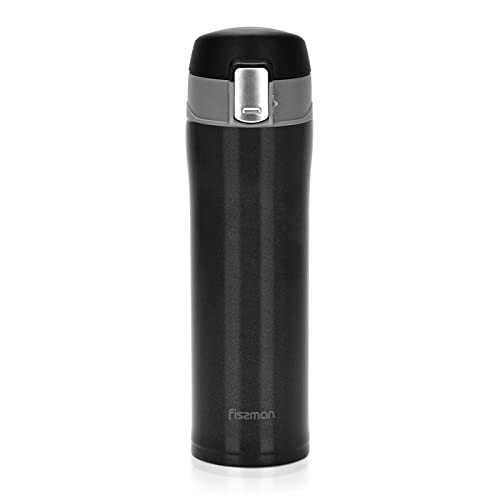 FISSMANDouble Wall Vacuum Travel Mug Thermos for Tea Coffee Milk Water Stainless Steel Vacuum Flasks Thermal Insulation Cup Flasks Thermos Cup 450ml (Black/Gray)