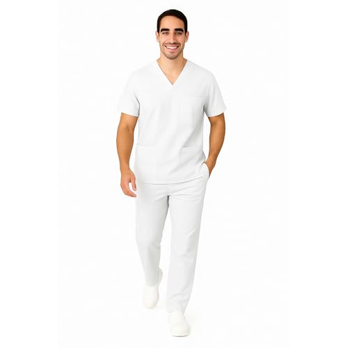 M&M SCRUBS Men Scrub Set Medical Scrub Top and Pants S White