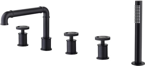 JQFDD 5 Hole Bath Mixer Tap Black, Bath Mixer Tap with Shower Attachment, Bathtub Mixer Tap with Pull Out Hand Shower