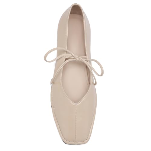 ETPSJKR Women's Lace Up Ballet Flats Square Toe Slip On Ballerina Shoes Cute Bow Tie Mary Jane Comfy Casual Office Flat Shoes Cream by ETPSJKR - Used condition - US$25.33