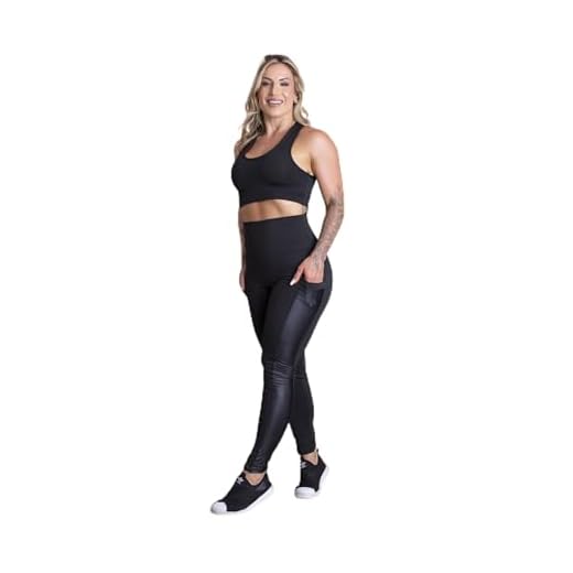Conjunto Fitness Feminino Calça Legging Cintura Alta Com Bolso Lateral Cirrê Couro e Top Liso Básico Nadador Academia F7 NEW STYLE (Preto, G)
