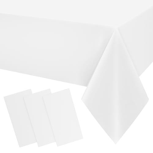 Image of Smiry Disposable Table Cloth 3 Pack, 54 x 132 Inch Waterproof Plastic Tablecloth, Decorative Rectangle Table Covers for Party, Birthday, Picnic, White