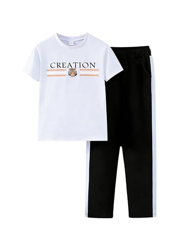 Image of Yoxindax Tween Boy Clothes 2-Piece Letter Print Tee And Color-Block Pants Summer Outfits